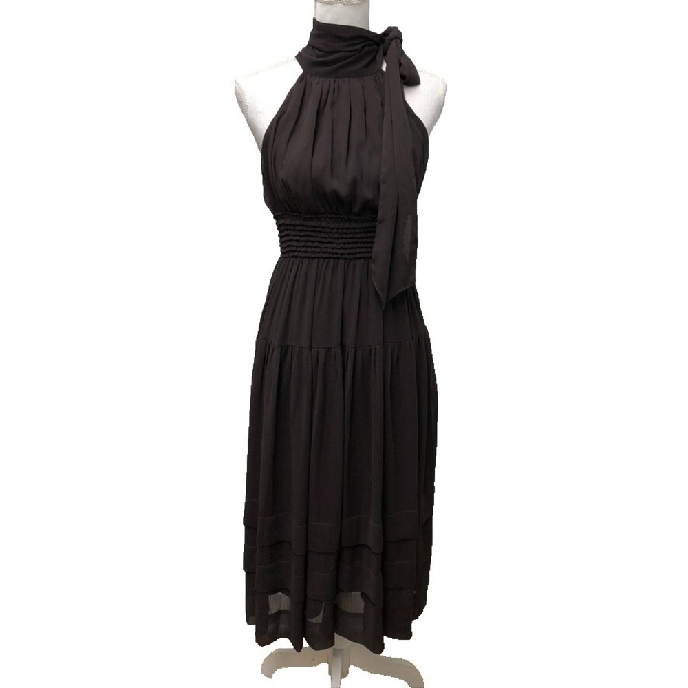 Reset Aurora Dress Womens Small Brown Midi High Neck Elegant Wedding Party Flowy
